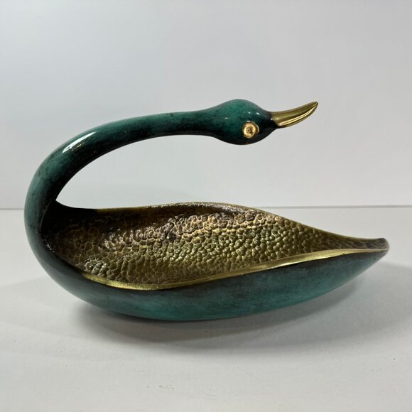 Pal-Bell Verdigirs Hammered Brass Swan Catchall or Ash Tray Decor MCM